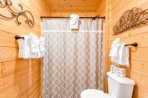 Un baño con cortina de ducha y un inodoro. en River Woods Retreat, en Lyndon Station