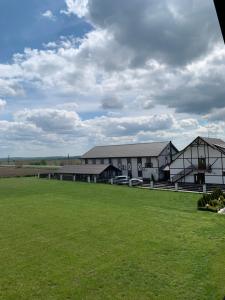 un gran edificio con un campo verde delante de él en Café Chalet Edelweiss Holiday Home, en Zbarazh