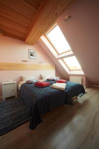 een slaapkamer met een bed op een zolder met dakramen bij Apartamenty Siklawa Krupówki in Zakopane