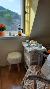 - une chambre avec une fenêtre, une table et une chaise dans l'établissement VILLA GOLF Crystal Drop Apartment, à Rogaška Slatina