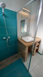 een badkamer met een wastafel en een spiegel bij Panna Cottage in Badacsonytomaj