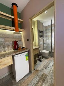 La salle de bains est pourvue d'un lavabo, de toilettes et d'une douche. dans l'établissement ANKA RESİDENCE, à Ankara