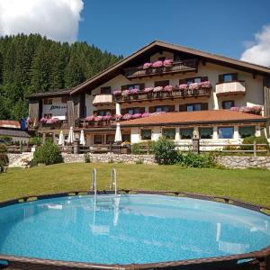 une grande piscine en face d'un bâtiment dans l'établissement Park Hotel Arnica, à Falcade