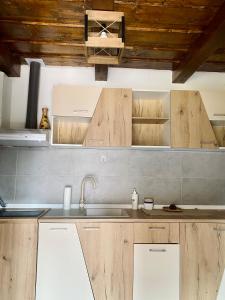 a kitchen with wooden cabinets and a sink at Casa Vasu 