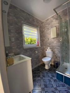 a bathroom with a sink and a toilet and a window at Willa Paulina in Nadole