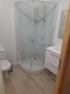 W łazience znajduje się prysznic, toaleta i umywalka. w obiekcie Maisons du Père Paille w mieście Usclades