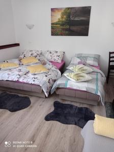 two beds in a room with rugs on the floor at Studio apartman Sonja in Otočac