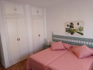 1 dormitorio con 1 cama rosa y armarios blancos en NEW MARITIMO en Málaga