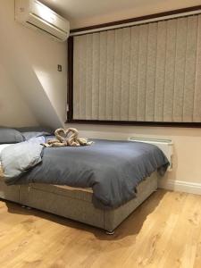 a bedroom with a bed with a window with blinds at Studio flat in the heart of Golders Green in London