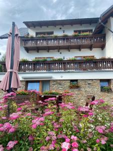 un jardín con flores rosas frente a un edificio en pension George en Špindlerův Mlýn