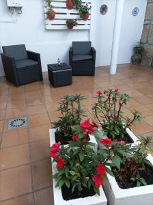 - un hall avec 2 chaises et des fleurs rouges sur du carrelage dans l'établissement Apartamento O Vento, à O Grove
