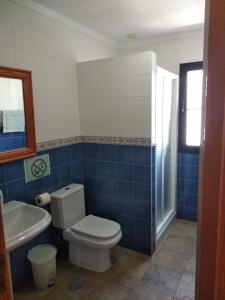 a blue tiled bathroom with a toilet and a sink at Finca la Tabaiba piscina compartida adultos in Máguez