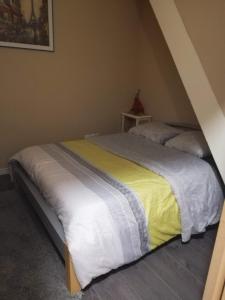 a bedroom with a bed with a yellow and white comforter at Rose dor in Plombières-lès-Dijon