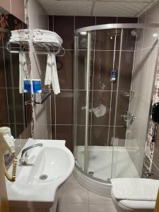 a bathroom with a shower and a sink and a toilet at Demosan City Hotel in Konya