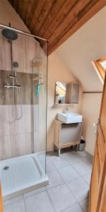a bathroom with a shower and a sink at River Cottage in Balledent