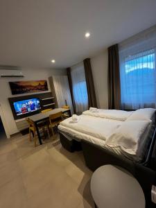 sypialnia z łóżkiem, stołem i telewizorem w obiekcie Bilo - Apartments for rent w Trydencie +37 zdjęć