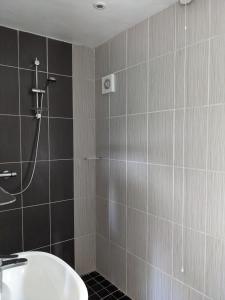 een badkamer met een douche en een wastafel bij Entire property next to Severn Valley Railway in Highley