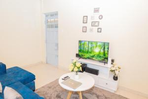 salon z niebieską kanapą i telewizorem w obiekcie The Stay Comfort w mieście Nyeri