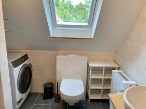 ein Badezimmer mit Toilette und Waschbecken und einem Fenster in der Unterkunft FeWo FriesenSPOt in Sankt Peter-Ording + 28 Fotos