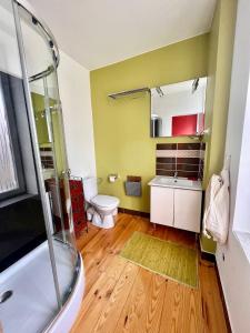 uma casa de banho com um chuveiro, um WC e um lavatório. em Agréable maison de ville cosy de 122m² + extérieur em Wattrelos