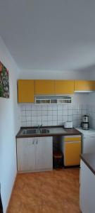 a kitchen with a sink and a counter top at La cabana bunicului in Sibiu