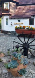 un carro de flores con una maceta delante de una casa en La cabana bunicului en Sibiu
