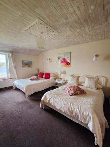 a bedroom with two beds and a ceiling at Waterfront Rest B&B in Clifden