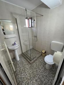 a bathroom with a shower and a toilet and a sink at Hotel Monte Carlo in Piteşti
