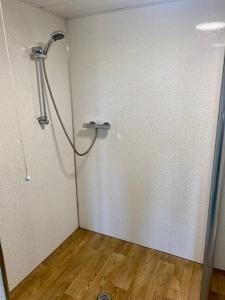 a shower in a room with a wooden floor at The Milking Parlour in Aberystwyth