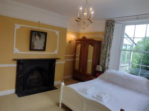 a bedroom with a bed and a fireplace at Headson Farmhouse in Bratton Clovelly