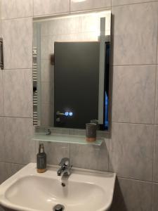 ein Bad mit einem Waschbecken und einem Spiegel in der Unterkunft Appartement Kuhglocken Ferienhaus Fuenf Sinne in Döbriach