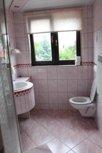 a bathroom with a toilet and a sink and a window at Eko-Sen in Białowieża