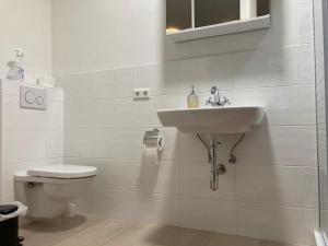 a white bathroom with a sink and a toilet at Auern Apartement in Auern