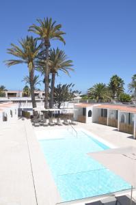 a swimming pool with palm trees and a building at Alsol Bungalows Todoque - Adults Only in Playa del Ingles