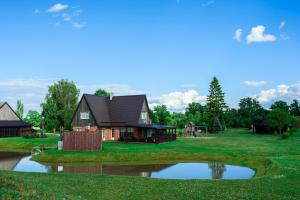 una casa con un estanque y un parque infantil en Kivimaa Puhkemaja, en Tiidu