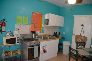 a small kitchen with a stove and a microwave at Palmetto Guesthouse in Culebra