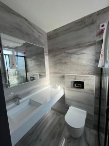 bagno con servizi igienici, lavandino e specchio di Kubi Hotel a Struga