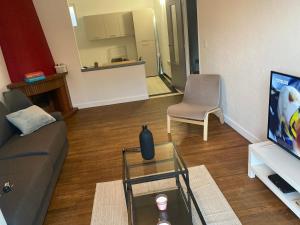 ein Wohnzimmer mit einem Sofa, einem Tisch und einem TV in der Unterkunft Fabuleux T3 de 85 m2, situé au calme avec grand parking gratuit privé ,Fibre wifi in Saint-Gaudens