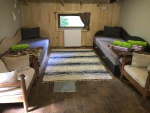 Zimmer mit 2 Betten, einem Sofa und einem Teppich in der Unterkunft Medže dirbtuve 