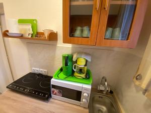 cocina con encimera, microondas y fregadero en Villa Valeria Heviz, en Hévíz