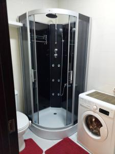 eine Dusche im Bad mit einer Waschmaschine in der Unterkunft SALOUNIQUE Lux Apartment in Tbilisi City