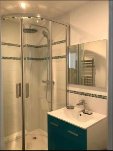 un bagno con doccia, lavandino e specchio di Appartement Veules roses , la cressonnière: « Veules & Victor «  a Veules-les-Roses Altre 58 foto