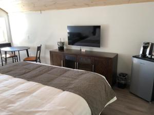1 dormitorio con 1 cama y TV en la pared en Adventure the Bruce Inn - Recently Renovated With Outdoor Hot Tub en Tobermory