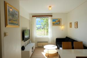sala de estar con sofá, TV y ventana en Lake View Holiday Stay in Jølster, en Årdal