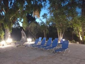 a group of blue chairs sitting in a park at Marti Garden Suites in Skala Prinou