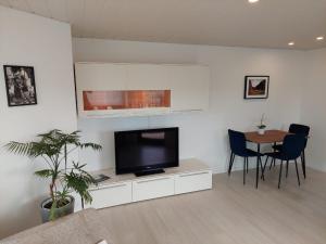 ein Wohnzimmer mit einem Flachbild-TV und einem Tisch in der Unterkunft Ferienwohnung Familie Aestel in Altensteig
