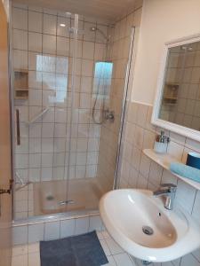 ein Bad mit einer Dusche und einem Waschbecken in der Unterkunft Ferienwohnung Familie Aestel in Altensteig