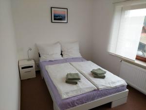 ein Schlafzimmer mit einem Bett mit zwei Kissen darauf in der Unterkunft Ferienwohnung Familie Aestel in Altensteig
