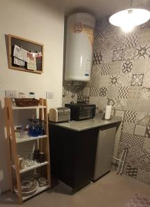 a kitchen with a counter with a sink and a microwave at Luminoso y comfortable monoambienteA 25 minutos de Ezeiza in Remedios de Escalada