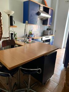 eine Küche mit blauen Schränken und einer hölzernen Arbeitsplatte in der Unterkunft WOHNUNG IN KAISERSLAUTERN in Kaiserslautern
